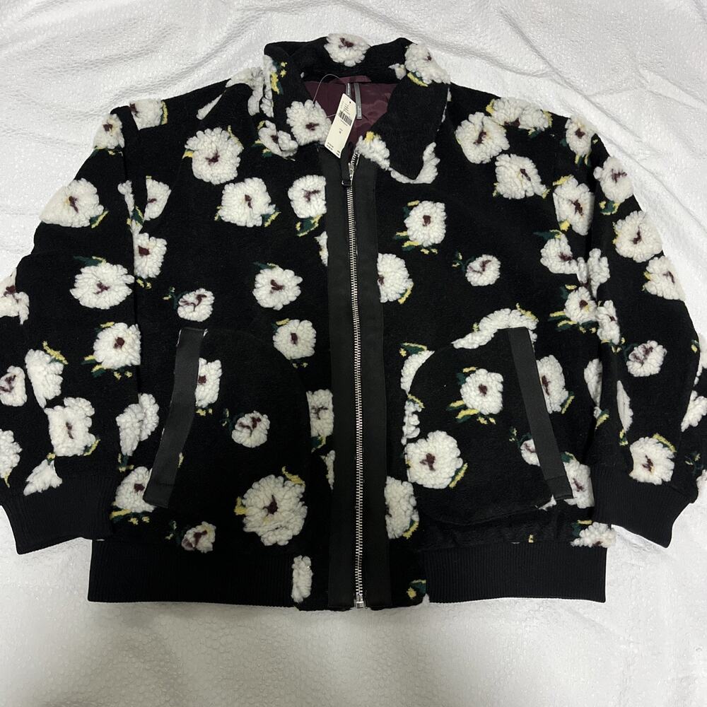 Anthropologie Black Floral Sherpa Fleece Bomber Jacket Zip Up Size Medium NWT